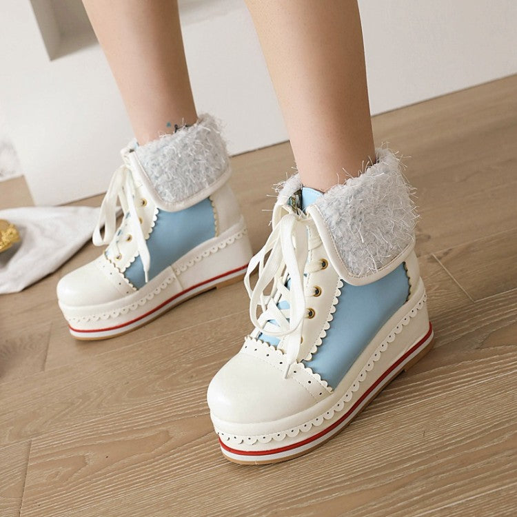 Ladies Pu Leather Round Toe Stitching Tied Belts Fold Lamb Wool Platform Wedge Short Boots