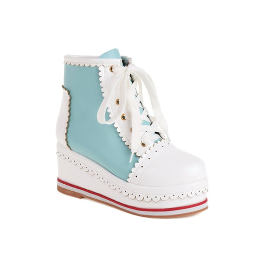 Ladies Candy Color Lace Up Wedge Heel Platform Short Boots