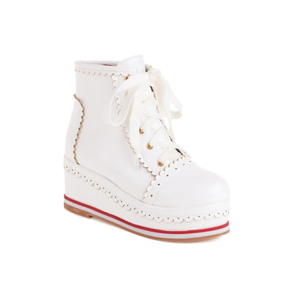 Ladies Candy Color Lace Up Wedge Heel Platform Short Boots