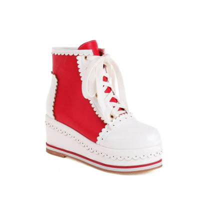 Ladies Candy Color Lace Up Wedge Heel Platform Short Boots