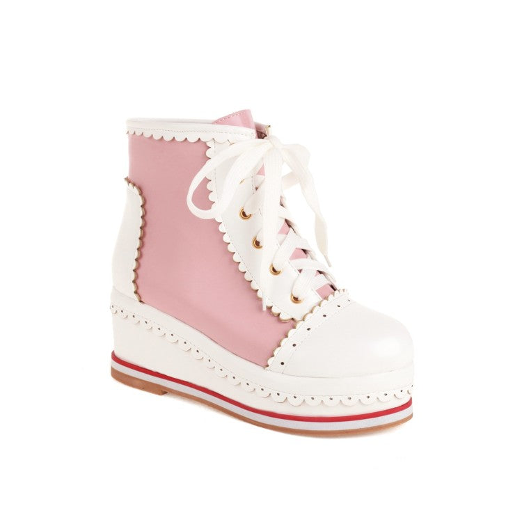 Ladies Candy Color Lace Up Wedge Heel Platform Short Boots