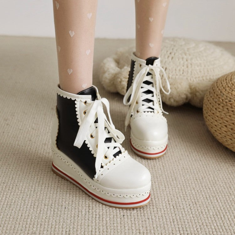 Ladies Candy Color Lace Up Wedge Heel Platform Short Boots