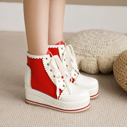 Ladies Candy Color Lace Up Wedge Heel Platform Short Boots