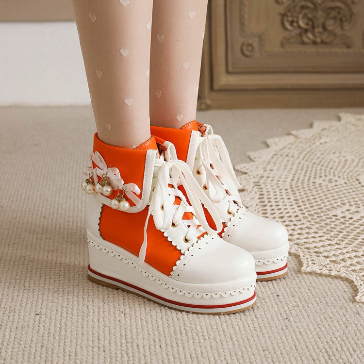 Ladies Pu Leather Stitching Lace Up Fold Pearls Knot Platform Wedge Heel Short Boots