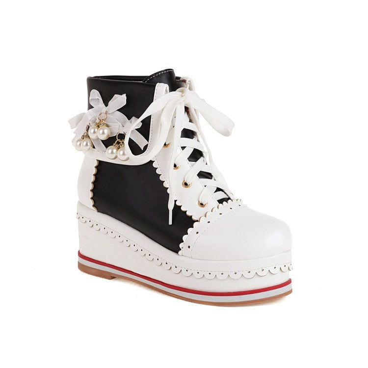 Ladies Pu Leather Stitching Lace Up Fold Pearls Knot Platform Wedge Heel Short Boots