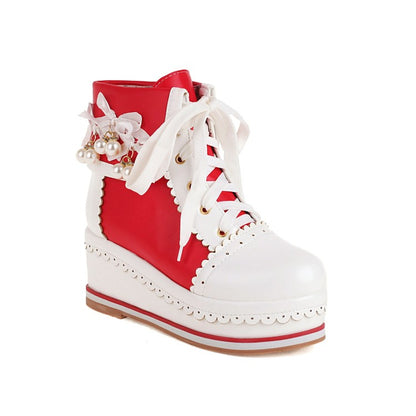 Ladies Pu Leather Stitching Lace Up Fold Pearls Knot Platform Wedge Heel Short Boots