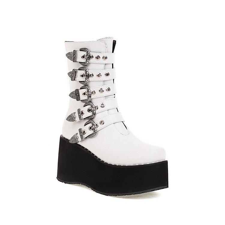 Ladies Metal Buckle Straps Zipper Wedge Heel Platform Short Boots