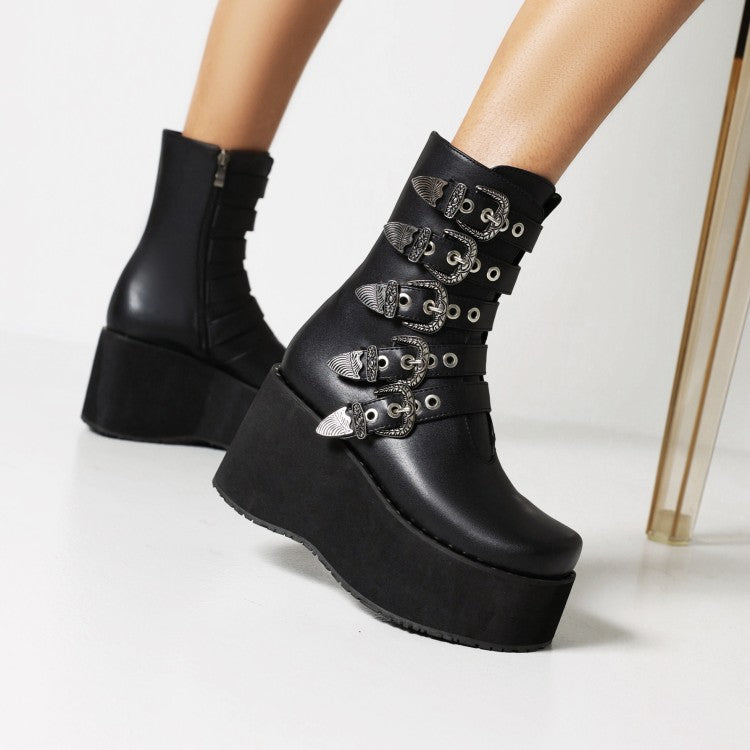 Ladies Metal Buckle Straps Zipper Wedge Heel Platform Short Boots