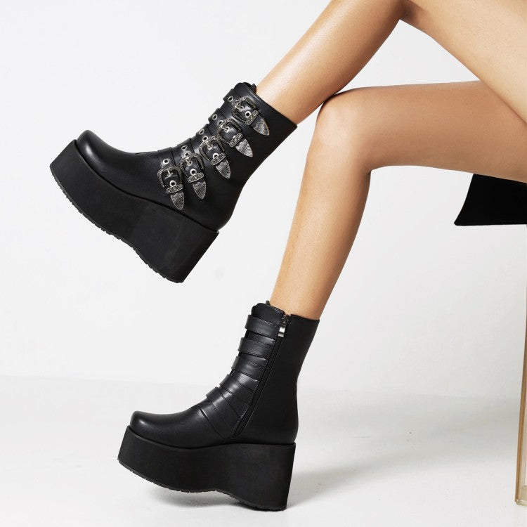 Ladies Metal Buckle Straps Zipper Wedge Heel Platform Short Boots