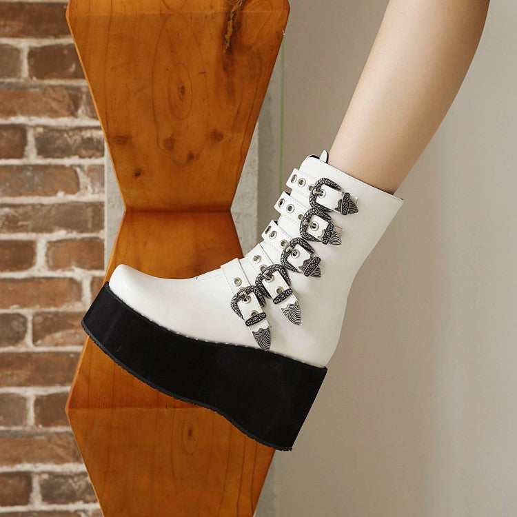 Ladies Metal Buckle Straps Zipper Wedge Heel Platform Short Boots