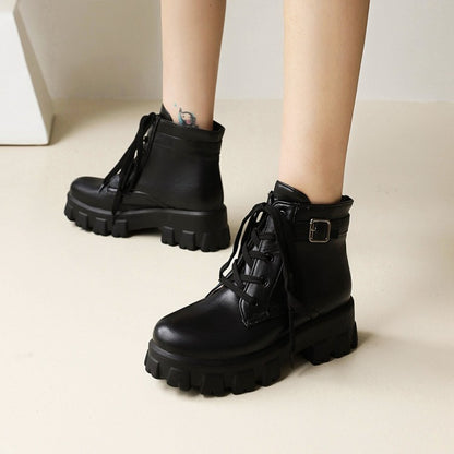 Round Toe Lace Up Buckle Straps Block Chunky Heel Platform Short Boots for Women