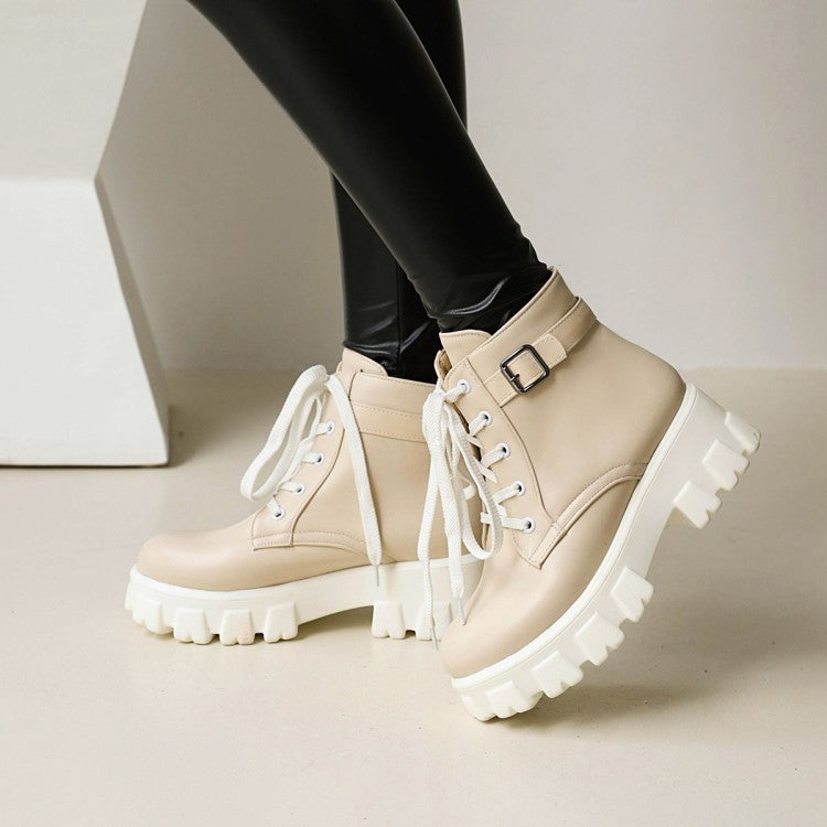 Round Toe Lace Up Buckle Straps Block Chunky Heel Platform Short Boots for Women