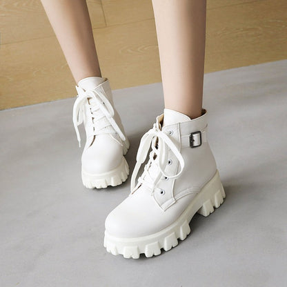 Round Toe Lace Up Buckle Straps Block Chunky Heel Platform Short Boots for Women