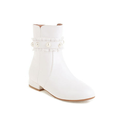 Ladies Side Zippers Lace Pearls Low Heels Short Boots