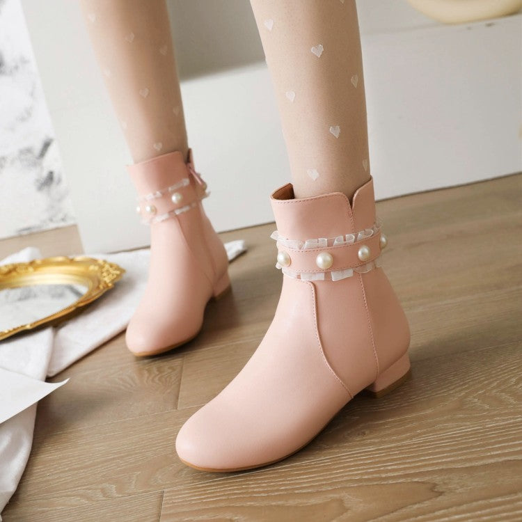 Ladies Side Zippers Lace Pearls Low Heels Short Boots