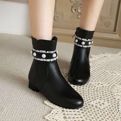 Ladies Side Zippers Lace Pearls Low Heels Short Boots