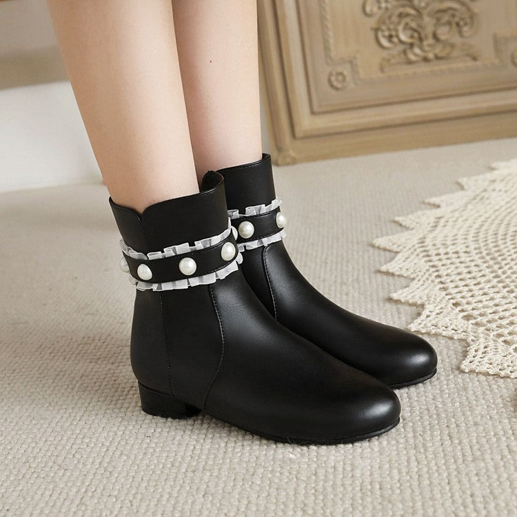 Ladies Side Zippers Lace Pearls Low Heels Short Boots