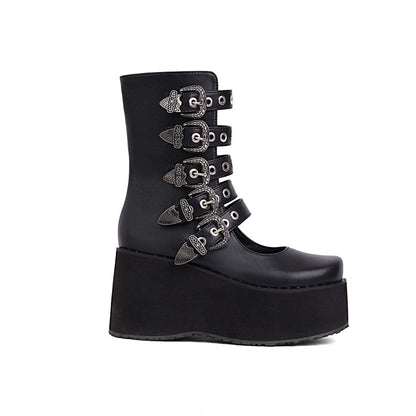 Ladies Metal Buckle Straps Wedge Heel Platform Short Boots