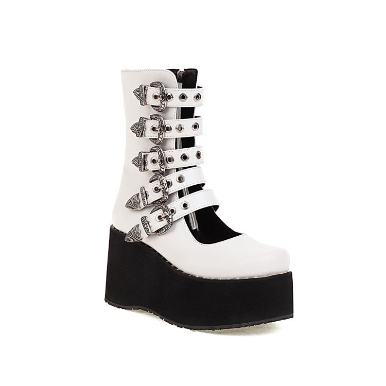 Ladies Metal Buckle Straps Wedge Heel Platform Short Boots