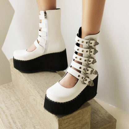 Ladies Metal Buckle Straps Wedge Heel Platform Short Boots