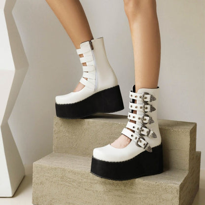 Ladies Metal Buckle Straps Wedge Heel Platform Short Boots