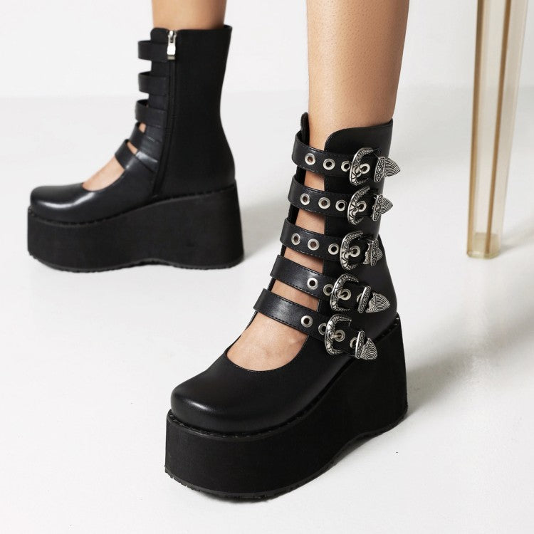 Ladies Metal Buckle Straps Wedge Heel Platform Short Boots