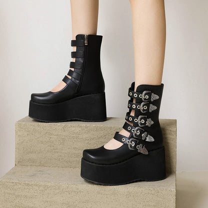 Ladies Metal Buckle Straps Wedge Heel Platform Short Boots