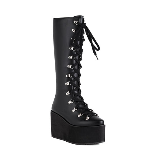 Pu Leather Round Toe Metal Rivets Lace Up Wedge Heel Platform Mid-calf Boots for Women