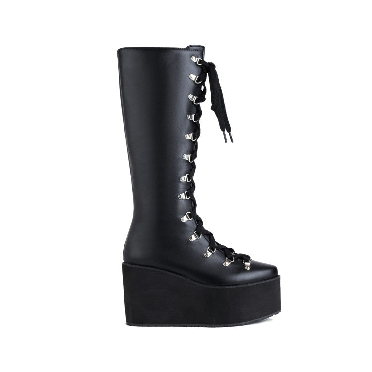 Pu Leather Round Toe Metal Rivets Lace Up Wedge Heel Platform Mid-calf Boots for Women