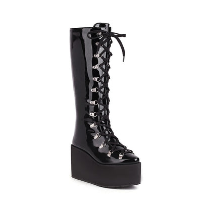 Pu Leather Round Toe Metal Rivets Lace Up Wedge Heel Platform Mid-calf Boots for Women