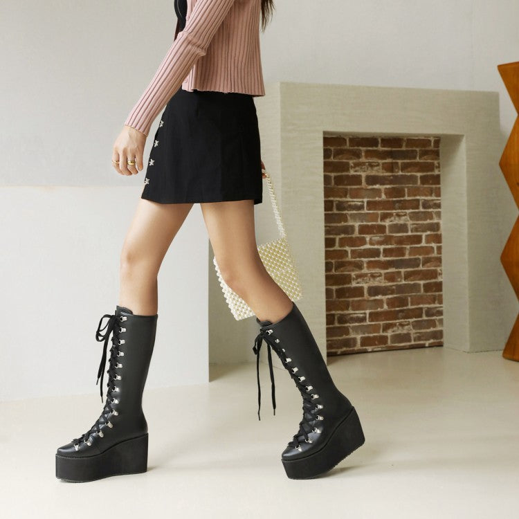 Pu Leather Round Toe Metal Rivets Lace Up Wedge Heel Platform Mid-calf Boots for Women