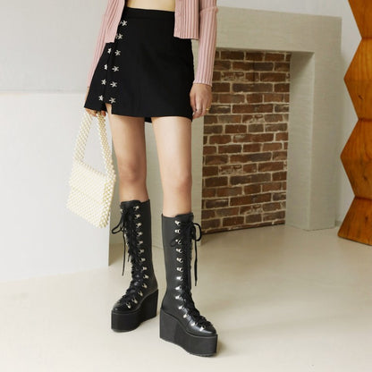 Pu Leather Round Toe Metal Rivets Lace Up Wedge Heel Platform Mid-calf Boots for Women