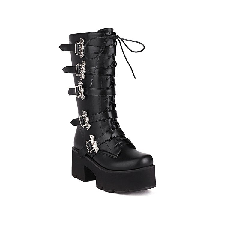 Pu Leather Square Toe Lace Up Buckle Straps Block Chunky Heel Platform Mid-calf Boots for Women