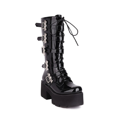 Pu Leather Square Toe Lace Up Buckle Straps Block Chunky Heel Platform Mid-calf Boots for Women