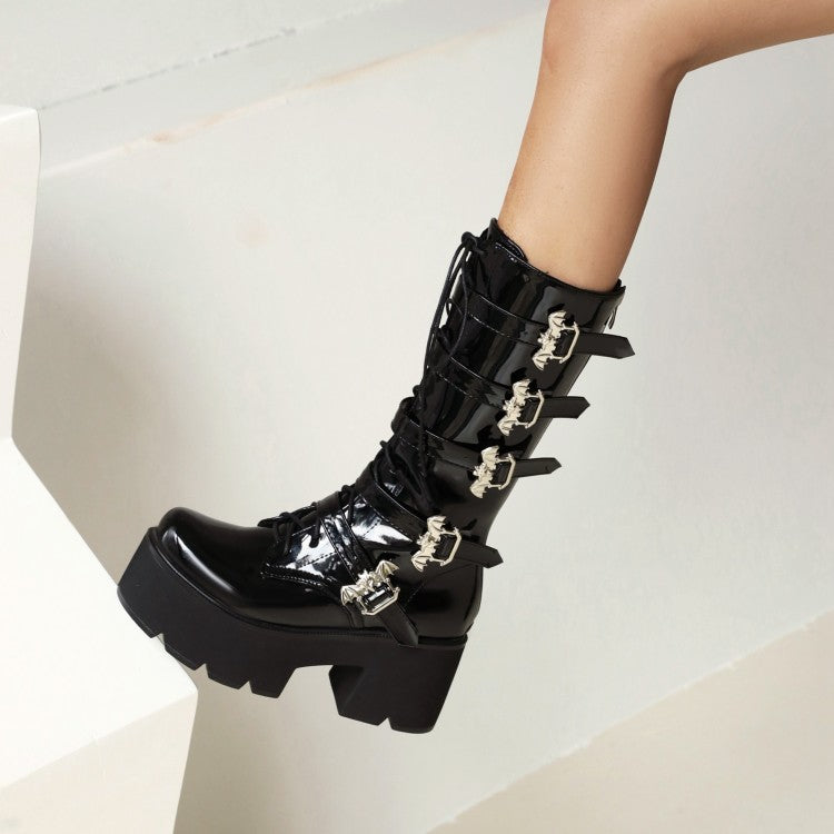 Pu Leather Square Toe Lace Up Buckle Straps Block Chunky Heel Platform Mid-calf Boots for Women