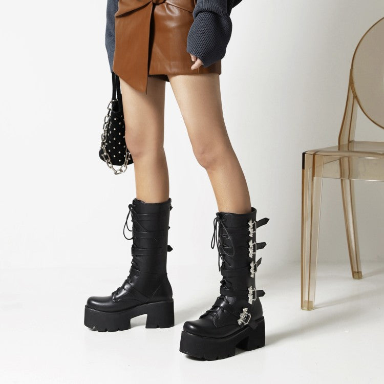 Pu Leather Square Toe Lace Up Buckle Straps Block Chunky Heel Platform Mid-calf Boots for Women