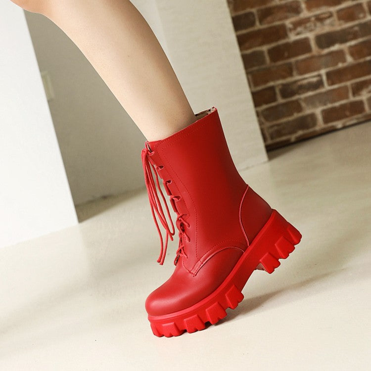 Round Toe Lace Up Side Zippers Block Chunky Heel Platform Short Boots for Women