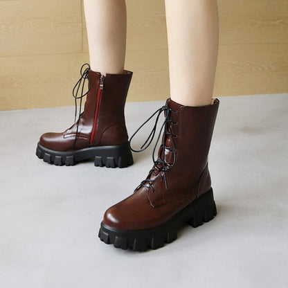 Round Toe Lace Up Side Zippers Block Chunky Heel Platform Short Boots for Women