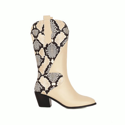 Patchwork Pointed Toe Low Heel Cowboy Mid-Calf Western Boots for Women