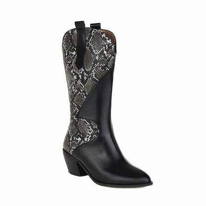 Patchwork Pointed Toe Low Heel Cowboy Mid-Calf Western Boots for Women