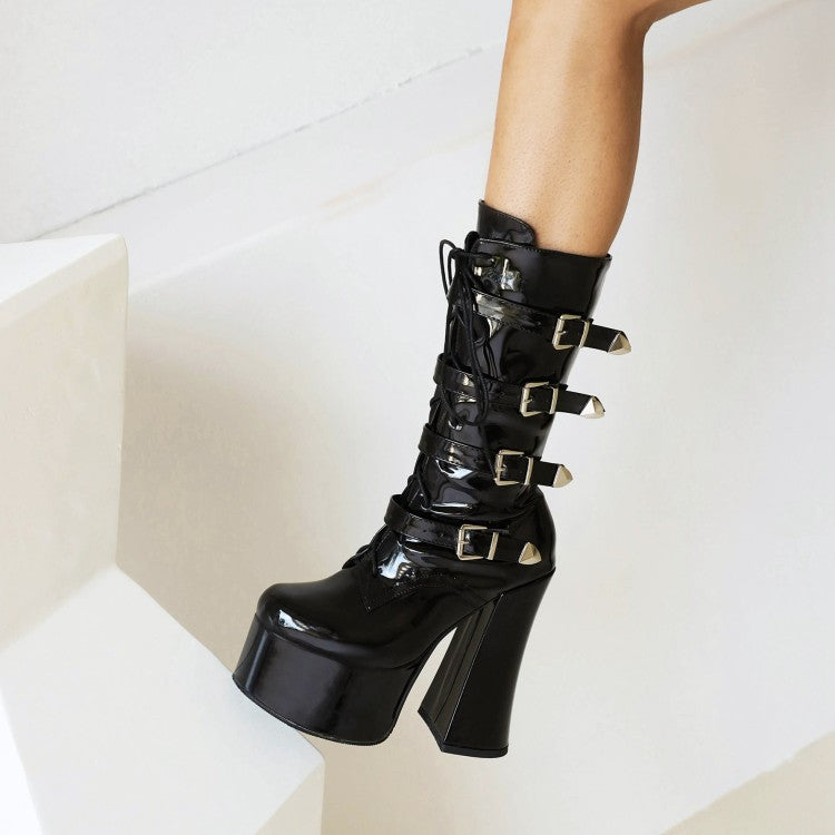 Pu Leather Round Toe Lace Up Buckle Straps Block Chunky Heel Platform Mid-calf Boots for Women