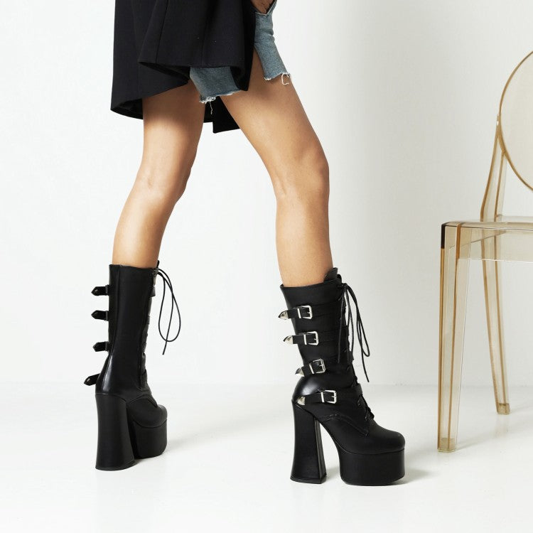 Pu Leather Round Toe Lace Up Buckle Straps Block Chunky Heel Platform Mid-calf Boots for Women