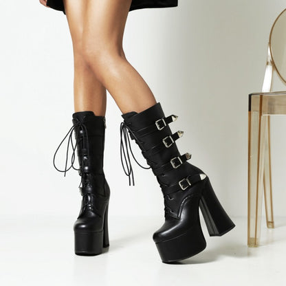 Pu Leather Round Toe Lace Up Buckle Straps Block Chunky Heel Platform Mid-calf Boots for Women