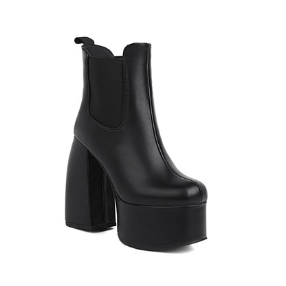 Pu Leather Round Toe Stretch Block Chunky Heel Platform Ankle Boots for Women