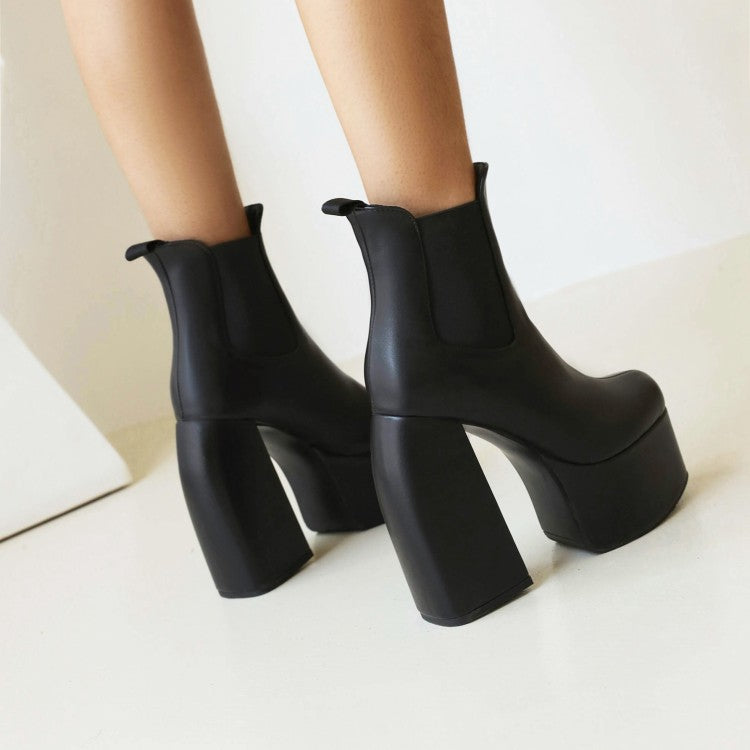 Pu Leather Round Toe Stretch Block Chunky Heel Platform Ankle Boots for Women