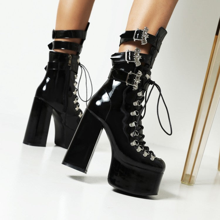 Pu Leather Square Toe Rivets Lace Up Buckle Straps Block Chunky Heel Platform Ankle Boots for Women