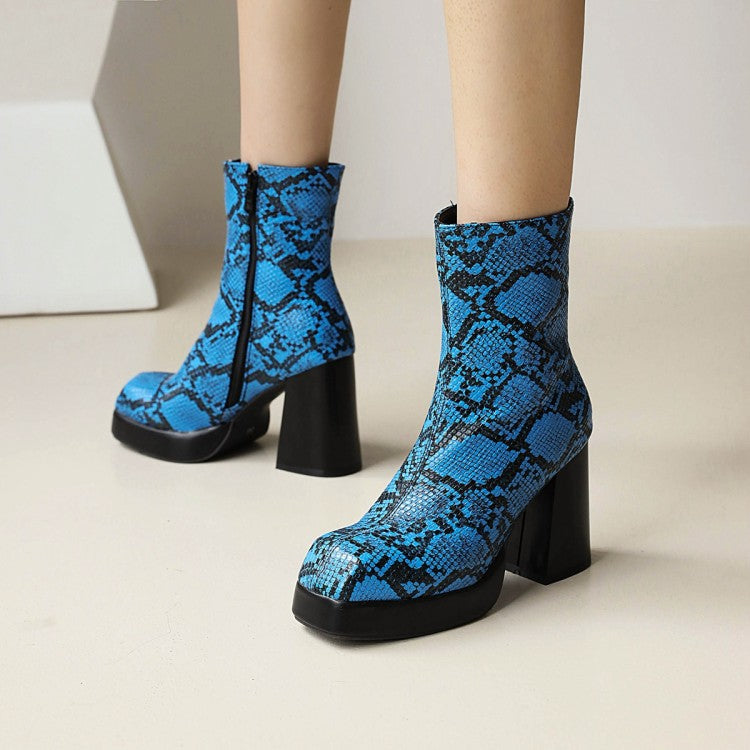 Snake Square Toe Back Zippers Block Chunky Heel Platform Short Boots for Women