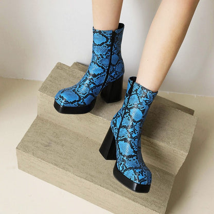 Snake Square Toe Back Zippers Block Chunky Heel Platform Short Boots for Women