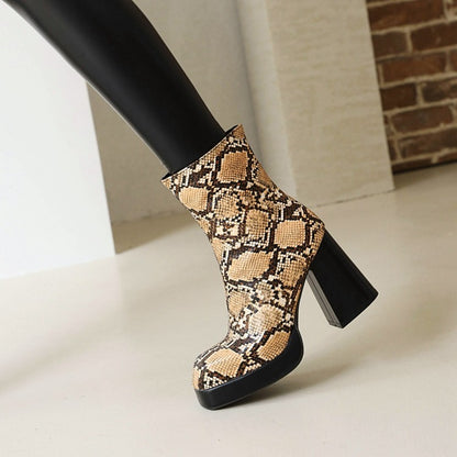 Snake Square Toe Back Zippers Block Chunky Heel Platform Short Boots for Women