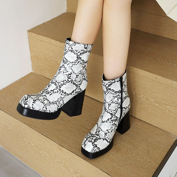 Snake Square Toe Back Zippers Block Chunky Heel Platform Short Boots for Women